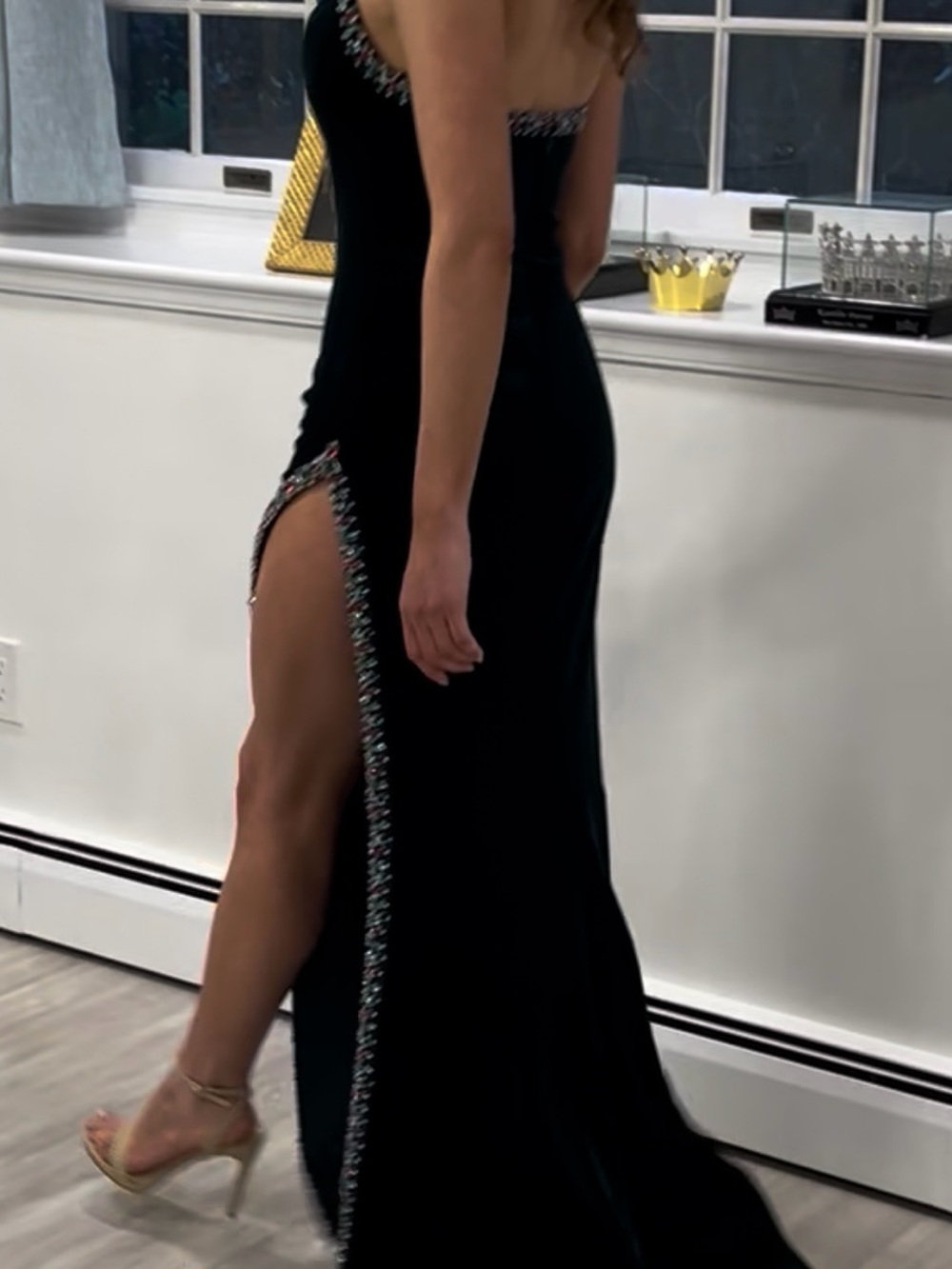 Jovani Deep V Halter Pageant Evening Gown High Slit Dark Green with Earring - Picture 4 of 7